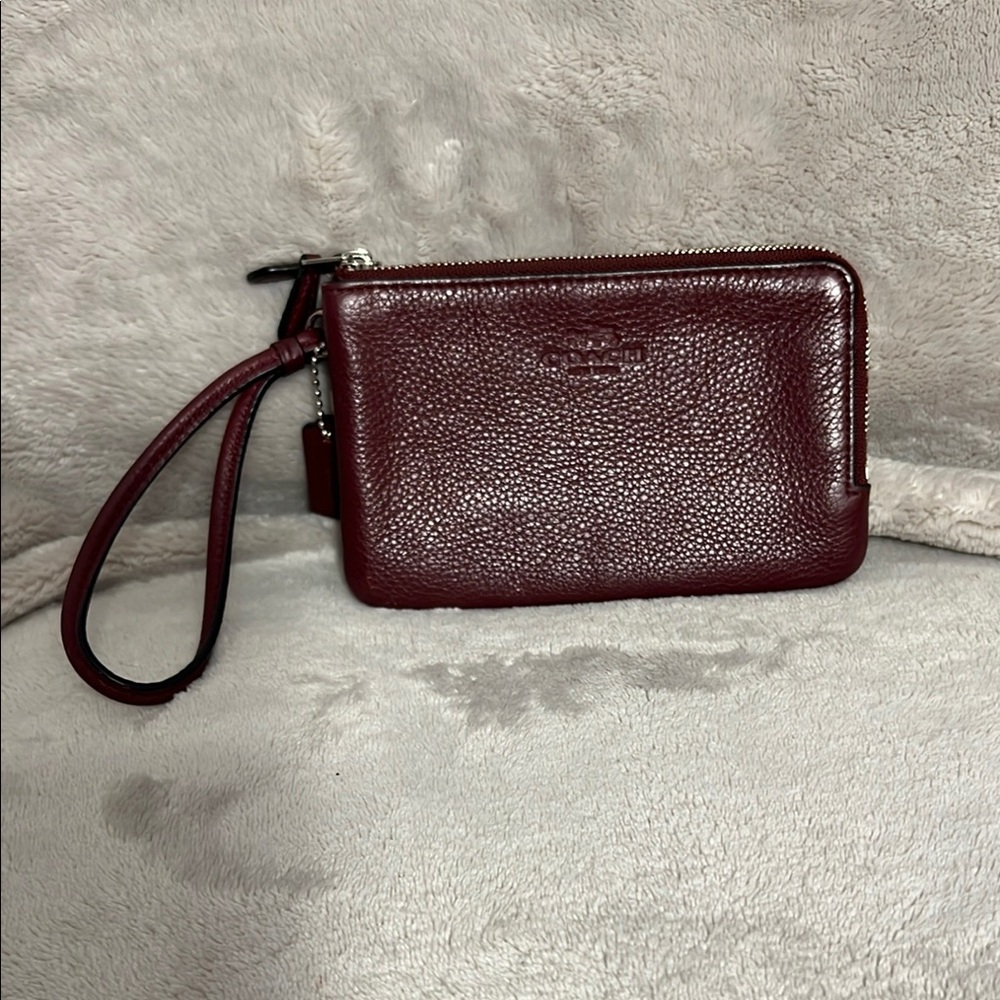 Coach Double Corner Burgundy Pebbled Leather Wristlet